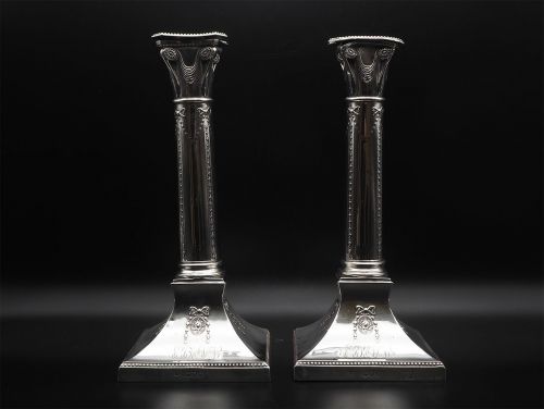 Fine Pair of Sterling Silver Adams Style Candlesticks