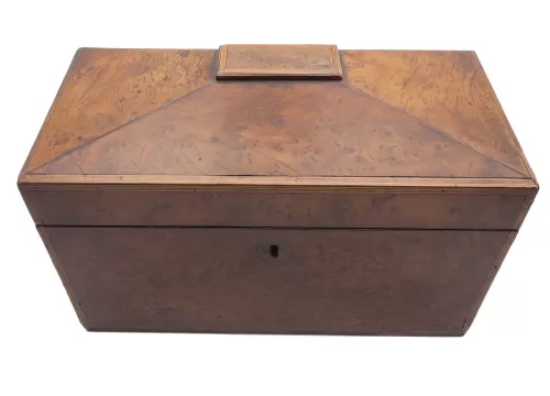 Regency Burr Yew-wood Tea Caddy. Complete